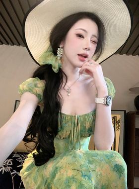 雅乔【夏日河畔】海边度假风修身莫奈油画晕染方领泡泡袖连衣长裙