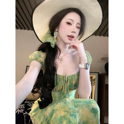 雅乔【夏日河畔】海边度假风修身莫奈油画晕染方领泡泡袖连衣长裙