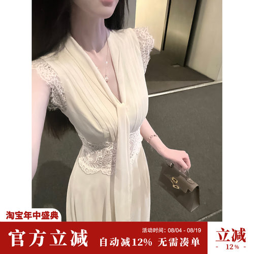 Sun雅乔【眷恋】3个版本/夏季雪纺法式V领飘带大裙摆白月光连衣裙
