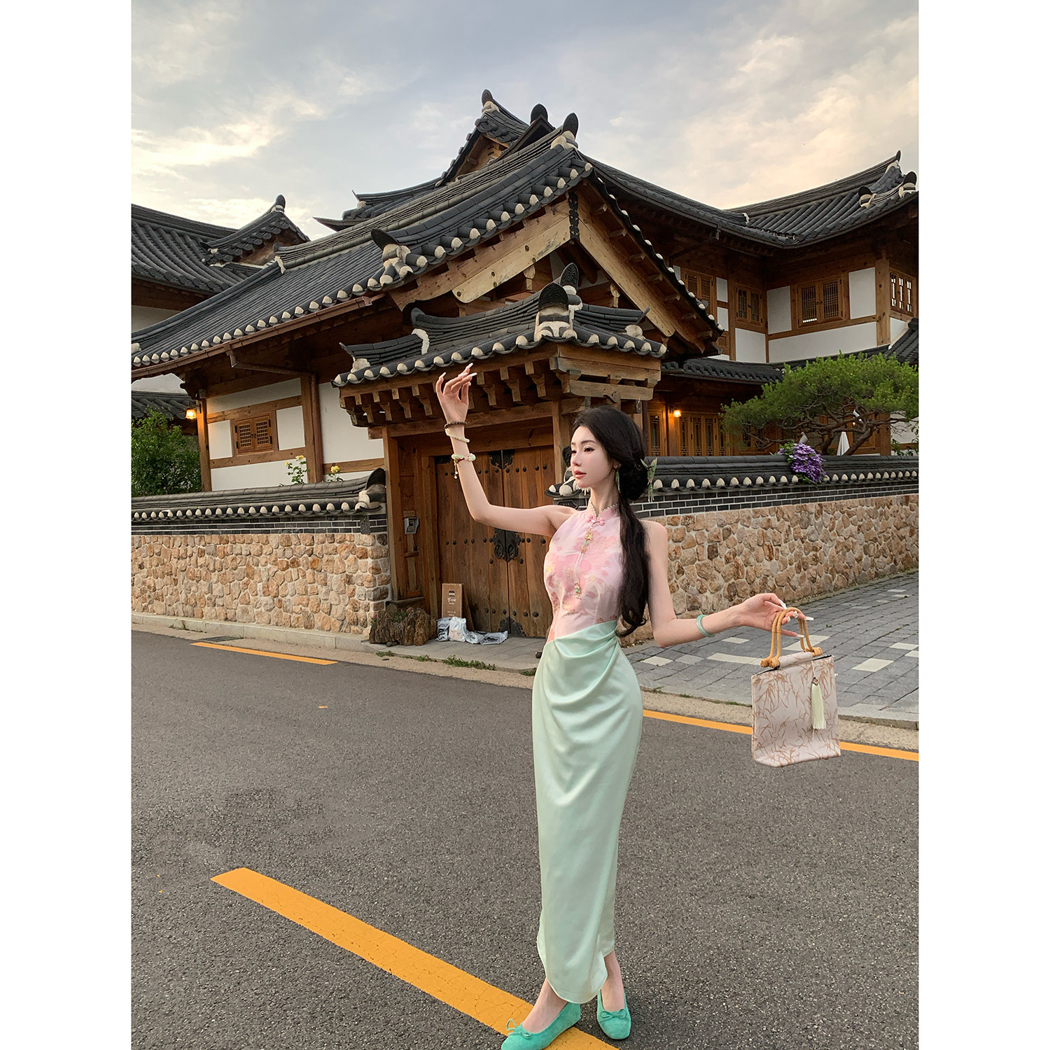 Sun雅乔【粉黛青山】夏季轻熟风撞色拼接新中式国风旗袍连衣长裙,女装/女士精品,旗袍,淘宝优惠券,粉丝福利购,淘宝优惠卷