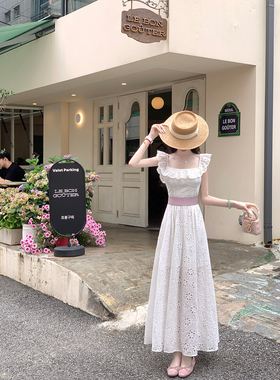 Sun雅乔【一诺倾情】夏季韩版甜美方领荷叶边绣花全棉长款连衣裙