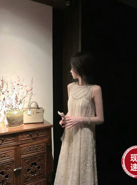 Sun雅乔【清花赋】新款无袖宽松A字裙重工珍珠流光缎背心式连衣裙
