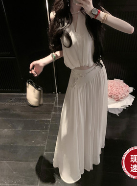 Sun雅乔【卡洛琳】夏装气质无袖白色雪纺上衣女半身长裙两件套装