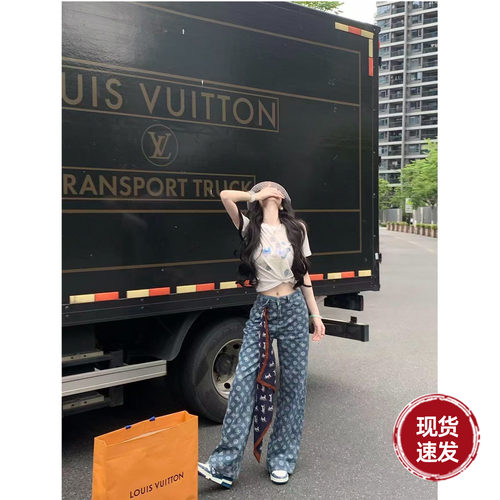 Sun雅乔 春夏新款直筒裤轻奢高级感复古老花牛仔裤女高腰长裤子