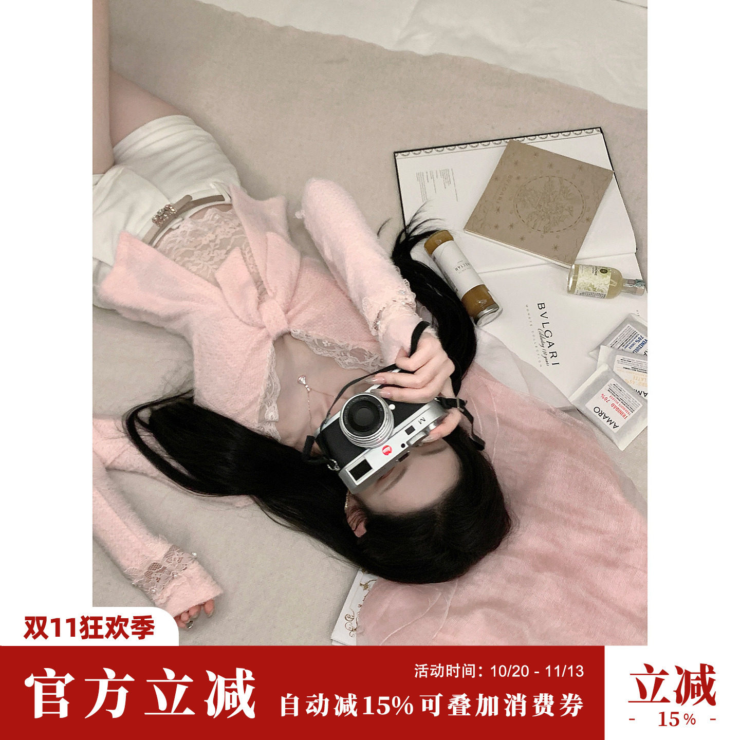 Sun雅乔 秋冬新款大V领扭结针织打底蝴蝶结长袖针织衫上衣内搭女
