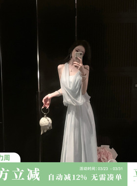 Sun雅乔【江百合】夏季气质优雅假两件不对称挂脖网纱雪纺连衣裙