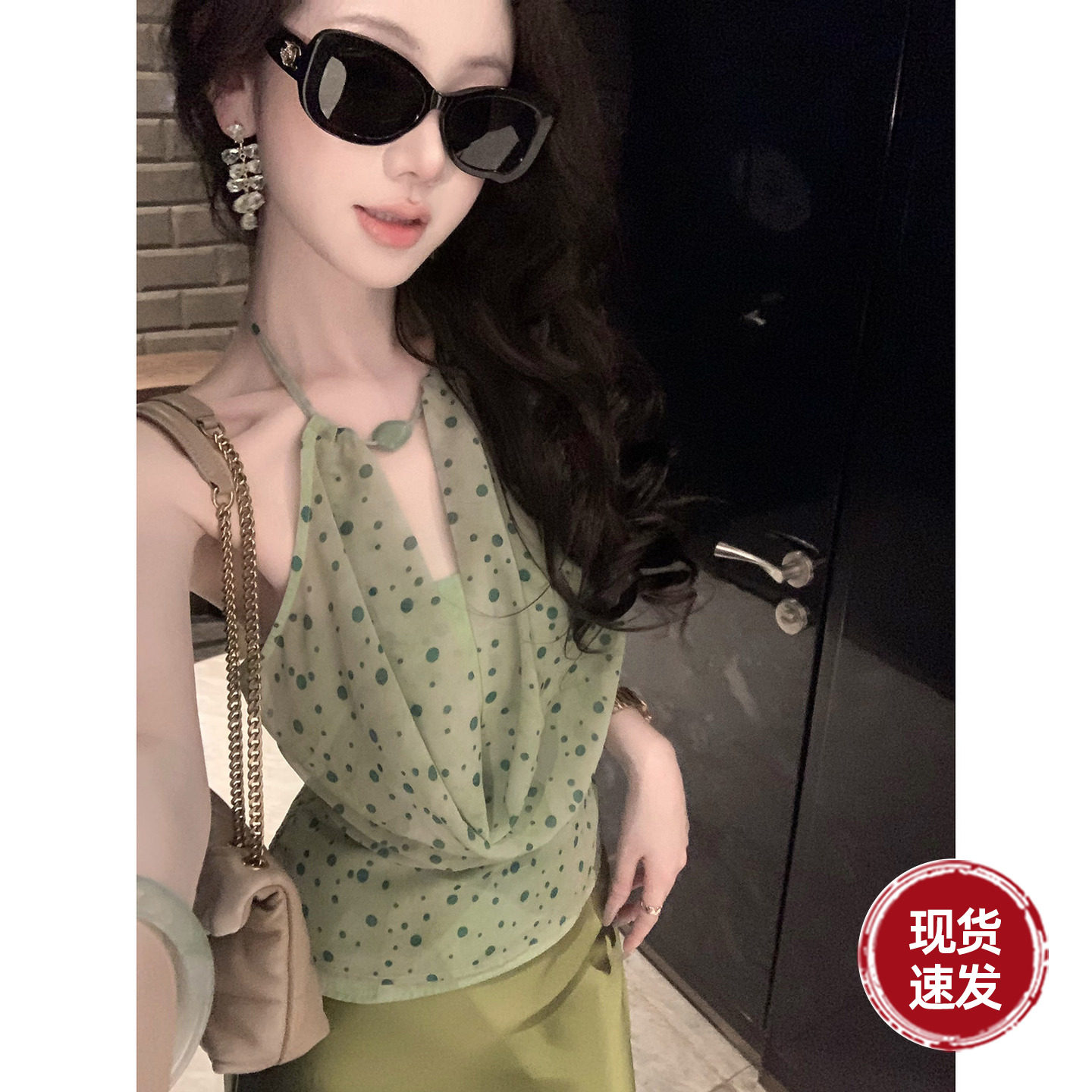 Sun雅乔【薄荷甜酒】法式优雅气质绿波点挂脖荡领吊带上衣女图片