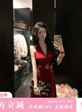 Sun雅乔【神魂颠倒】早夏气质辣妹镂空收腰挂脖连衣裙红色礼服裙