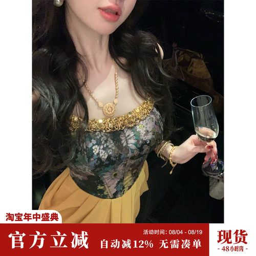 Sun雅乔【羲和】夏季新款重工法式礼服裙提花雪纺鱼骨吊带连衣裙