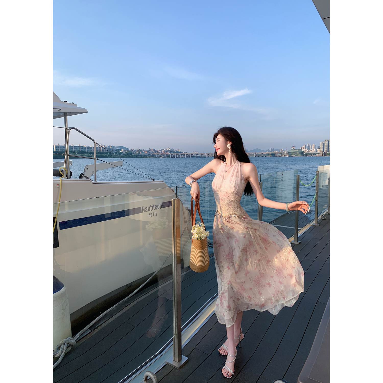 Sun雅乔【生如夏花】夏季新款轻熟风时尚高档中长印花挂脖连衣裙