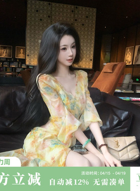 Sun雅乔【吉维尼花园】夏季海边度假灯笼袖水彩晕染油画连衣长裙