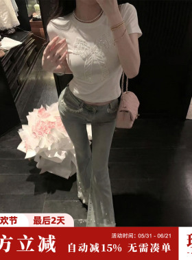 Sun雅乔 夏季新款百搭简约风立体亮片蝴蝶结白色圆领短袖T恤女