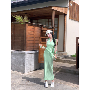 韩女穿搭 极简时尚 Sun雅乔 夏季 连衣裙 长款 腰间绑带假两件无袖