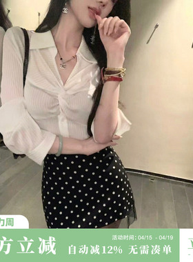 Sun雅乔【伦敦画报】夏季新款百搭黑色网纱拼接波点半身裙A字短裙