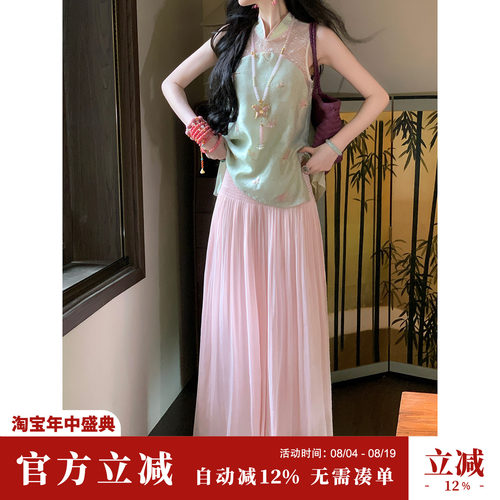 Sun雅乔【鎏光阔腿裤】重工打揽腰头宽松阔腿裤女顺褶大摆长裤