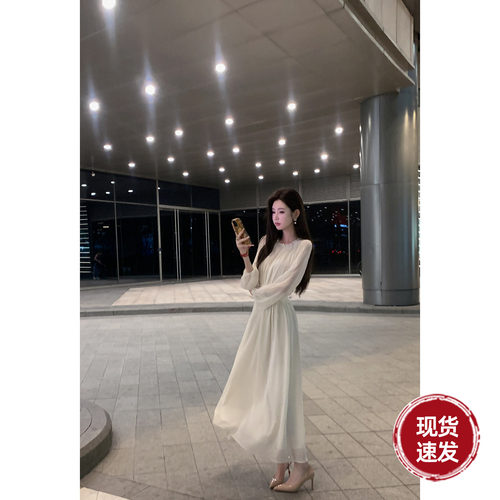 Sun雅乔【维纳斯琴曲】早秋白色长袖轻奢灯笼雪纺连衣裙气质长裙