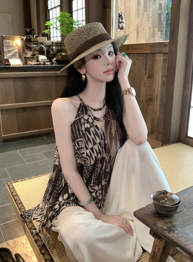 Sun雅乔【乌木沉香】夏季新款原宿天丝亚麻几何印花木珠挂脖上衣
