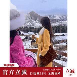 Sun雅乔【VOGUE封面】冬装新款长袖翻领皮毛一体长款大衣外套女
