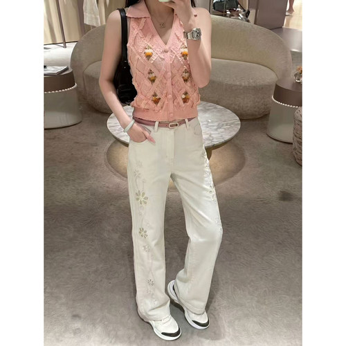 Sun雅乔【艺术家】夏季粉色翻领T恤钉珠立体花卉刺绣无袖短上衣女