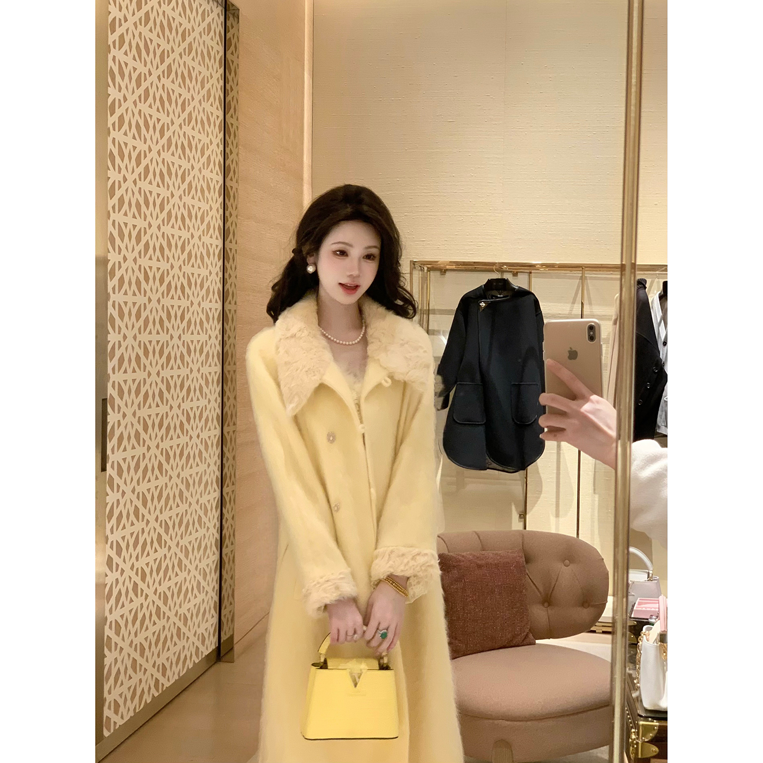 Sun雅乔【国王的礼物】秋冬黄色山羊绒拉绒绵羊毛呢大衣长外套女