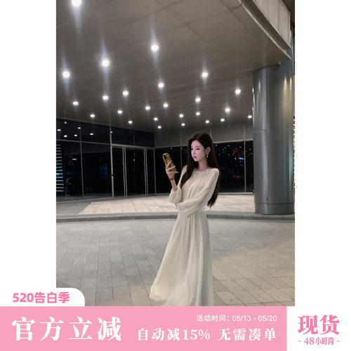 Sun雅乔【维纳斯琴曲】早秋白色长袖轻奢灯笼雪纺连衣裙气质长裙