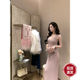 V领烫钻针织宴会连衣裙法式 出席重要场合 气质长裙秋 闪闪裙
