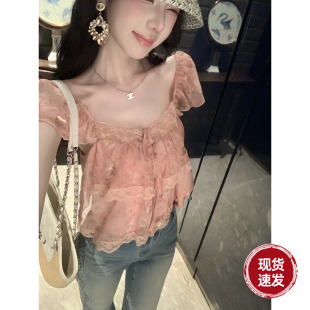 Sun雅乔【蜜桃果酒】夏季短袖大方领烫金印花蕾丝双层雪纺衫上衣