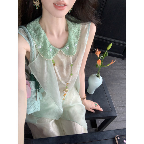 Sun雅乔【秀色天成】夏季薄娃娃衫人丝宽松无袖蕾丝娃娃领上衣女