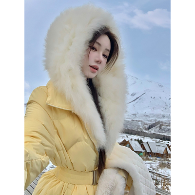 Sun雅乔【瑞士冬雪】冬装新款长袖连帽狐狸毛领长款鹅绒羽绒服女