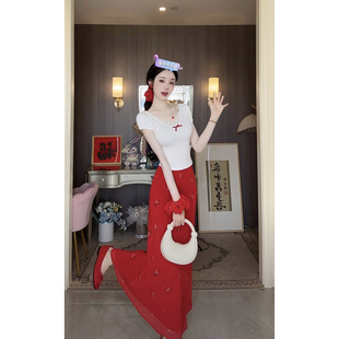 雅乔【甜蜜蜜】夏季新款甜辣风碎花中长款红色半身裙