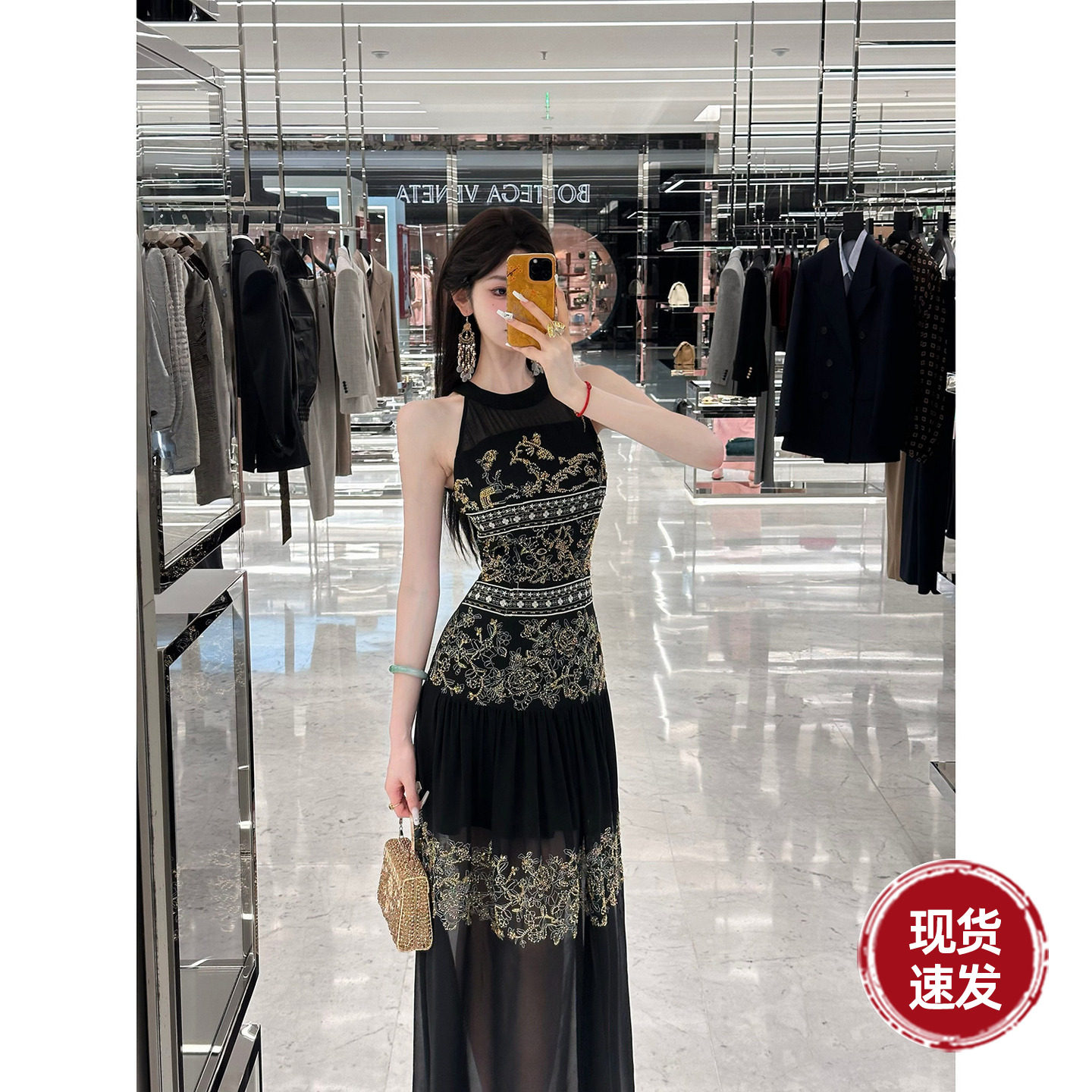 Sun雅乔【折腰】夏季轻奢重工定位钉珠刺绣无袖吊带雪纺连衣裙图片