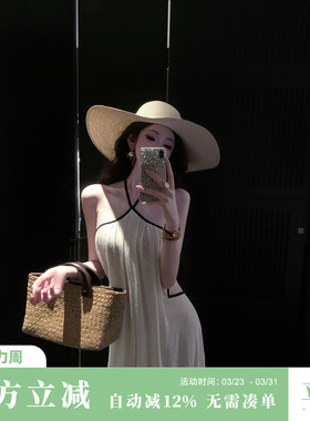 Sun雅乔【风吹半夏】夏季清纯露背吊带设计感挂脖绑带A字连衣长裙