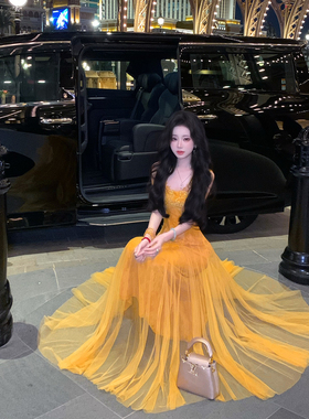 Sun雅乔【金陵月下】春夏新款金黄蕾丝网纱连衣裙高腰A字礼服裙子