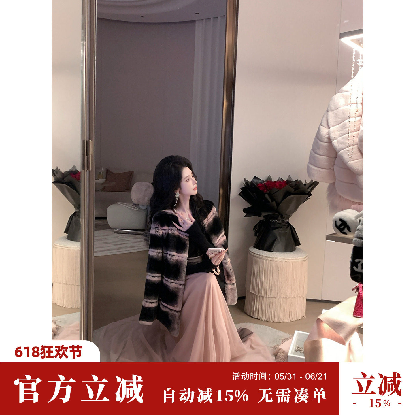 Sun雅乔【奢侈兔】秋冬新款高档草草进口獭兔毛渐变色皮草外套女