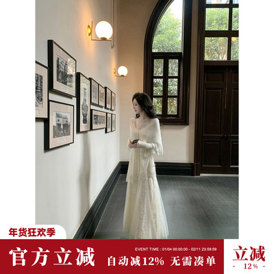 Sun雅乔【月下伊人】秋冬清冷感针织加厚网纱蕾丝拼接长袖连衣裙