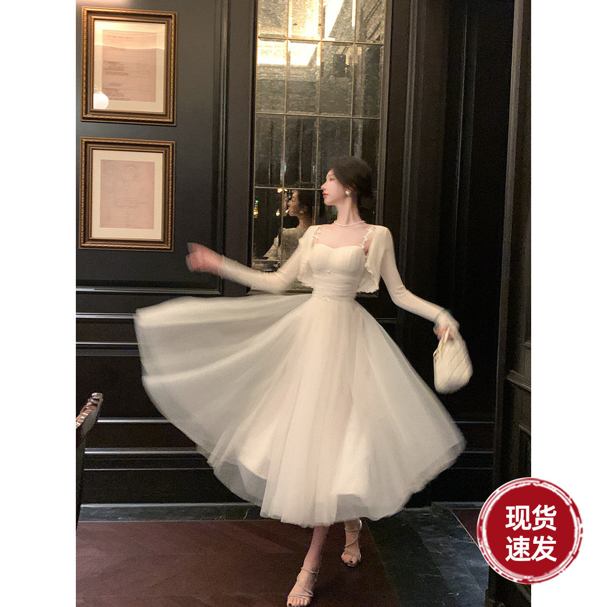 雅乔【难哄】夏季千金风清纯网纱收腰大摆蓬蓬裙中长款吊带连衣裙