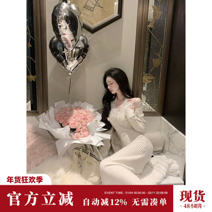 Sun雅乔【梦入江南】秋冬新款长袖含羊毛中长款毛衣V领针织连衣裙