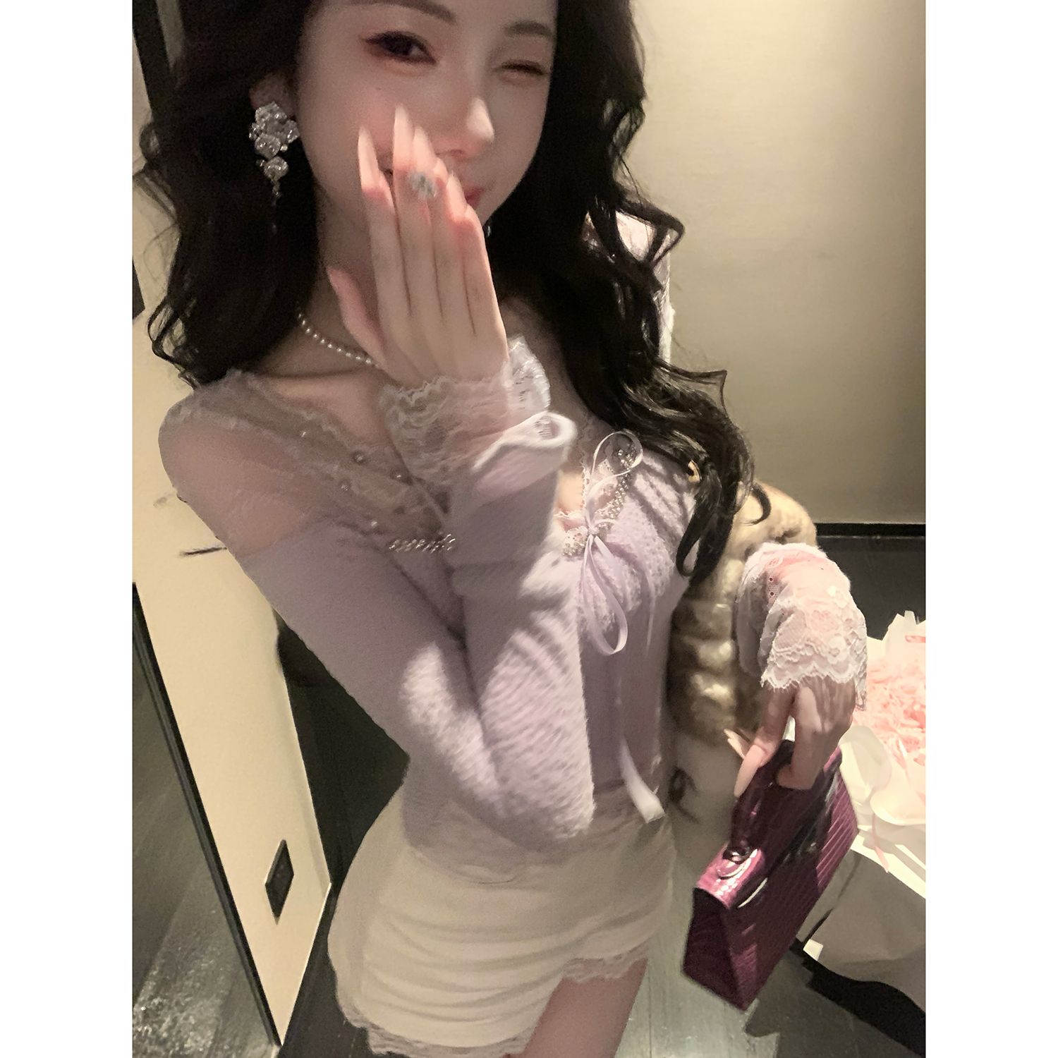 Sun雅乔【柔柔奶芙】秋冬毛茸茸软蕾丝拼接针织衫打底上衣女长袖