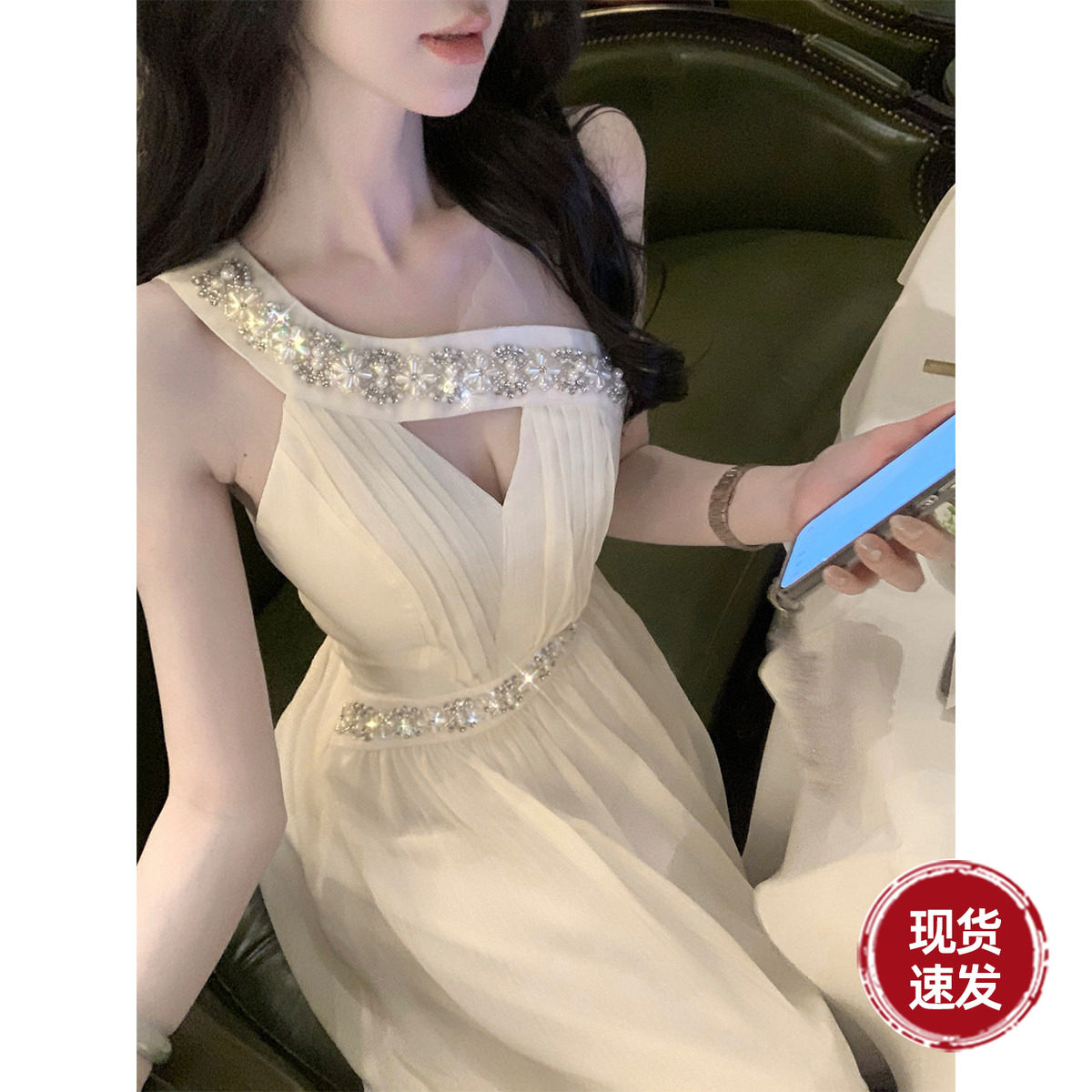 Sun雅乔【不期而遇】夏季新款礼服裙法式斜肩钉珠连衣裙大摆长裙图片