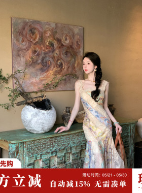 Sun雅乔【十四行诗】夏装小众设计师款蕾丝拼接修身鱼尾连衣长裙