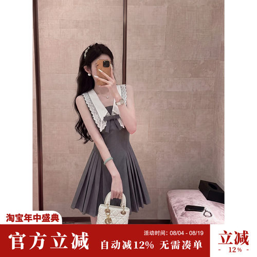 Sun雅乔【圣西尔】夏季无袖大翻领减龄蕾丝蝴蝶结收腰百褶连衣裙