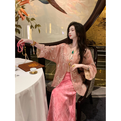 雅乔【海棠春睡】春装长袖宽松花蔓轻纱珠绣新中式国风薄外套女