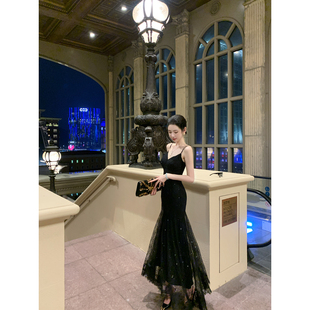 修身 Sun雅乔 新款 秋季 高级感蕾丝亮片V领吊带连衣长裙 夜月生辉