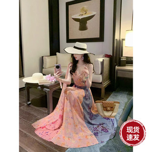 Sun雅乔【保持浪漫】夏季V领无袖不对称撞色印花飘带度假风连衣裙