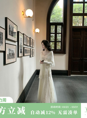 Sun雅乔【月下伊人】春秋新款清冷感针织网纱蕾丝拼接长袖连衣裙