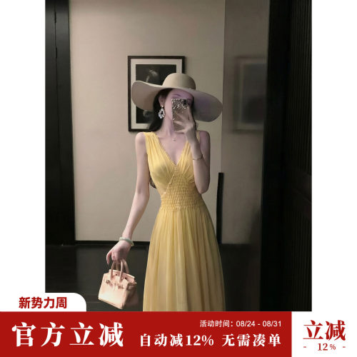 Sun雅乔【清贵翩翩】夏季无袖高档桑蚕丝菱形打揽V领挂脖连衣裙