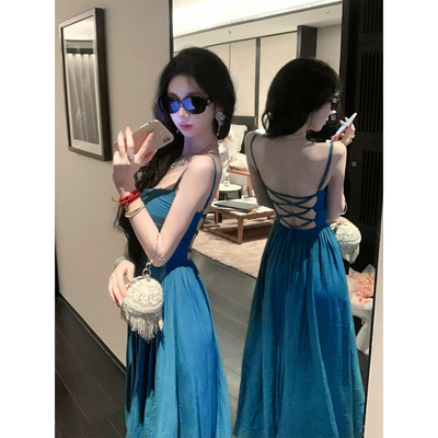 Sun雅乔【湛蓝深海】夏季性感辣妹名媛V领钉珠露背绑带吊带连衣裙