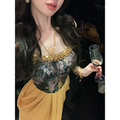 羲和 夏季 新款 Sun雅乔 重工法式 礼服裙提花雪纺鱼骨吊带连衣裙