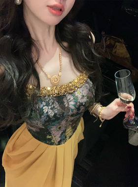 Sun雅乔【羲和】夏季新款重工法式礼服裙提花雪纺鱼骨吊带连衣裙