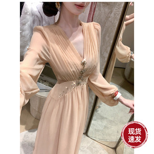 V领钉钻长袖 早秋轻奢重磅长短款 雪纺连衣裙子 柔雾絮语 Sun雅乔